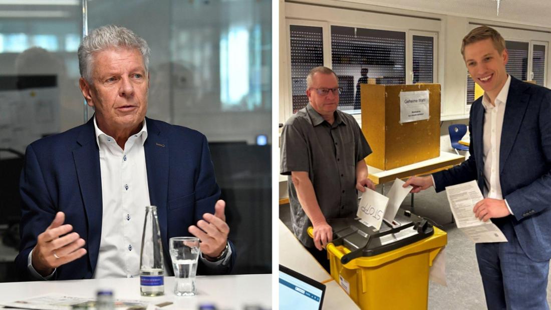 Grünen-Kandidat Krause (r.) hat seine Stimme um 10.30 Uhr in seinem Wahllokal abgegeben. Dieter Reiter, hier ein Archivbild vom Interview in unserer Redaktion, ist noch nicht öffentlich aufgetaucht. 