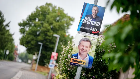 Wahlplakate für die Landtagswahl in Sachsen-Anhalt mit Ulrich Siegmund und Sven Schulze. | picture alliance/dpa | Kay Nietfeld Wahlplakate für die Landtagswahl in Sachsen-Anhalt mit Ulrich Siegmund und Sven Schulze.